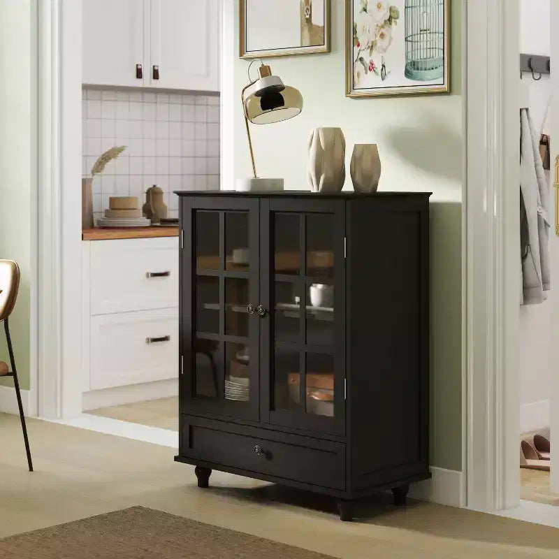 Mobile credenza Okak minimalista con 2 ante in vetro, mobile buffet con 1 cassetto e 2 ripiani, mobile contenitore per sala da pranzo, soggiorno