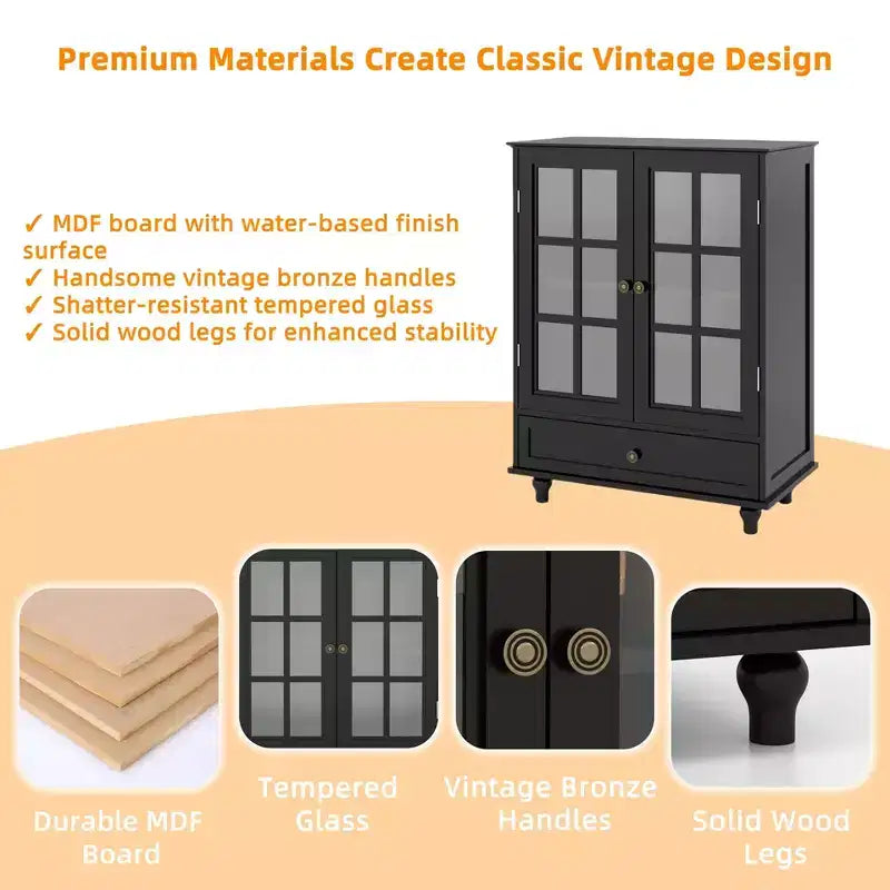 Mobile credenza Okak minimalista con 2 ante in vetro, mobile buffet con 1 cassetto e 2 ripiani, mobile contenitore per sala da pranzo, soggiorno