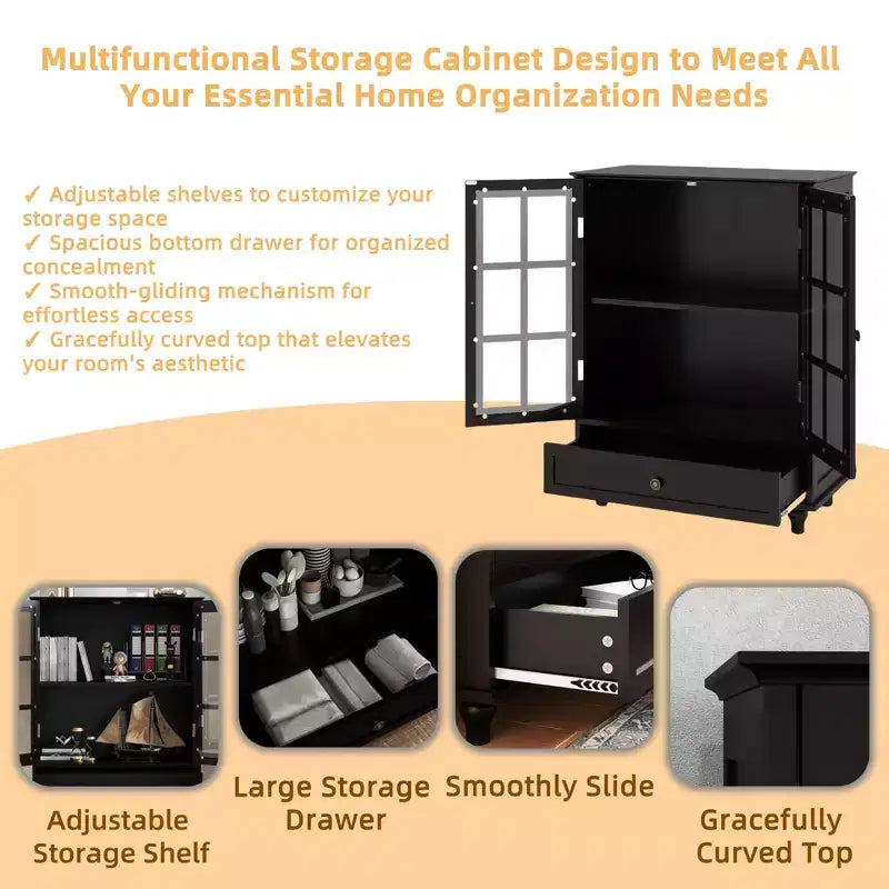 Mobile credenza Okak minimalista con 2 ante in vetro, mobile buffet con 1 cassetto e 2 ripiani, mobile contenitore per sala da pranzo, soggiorno