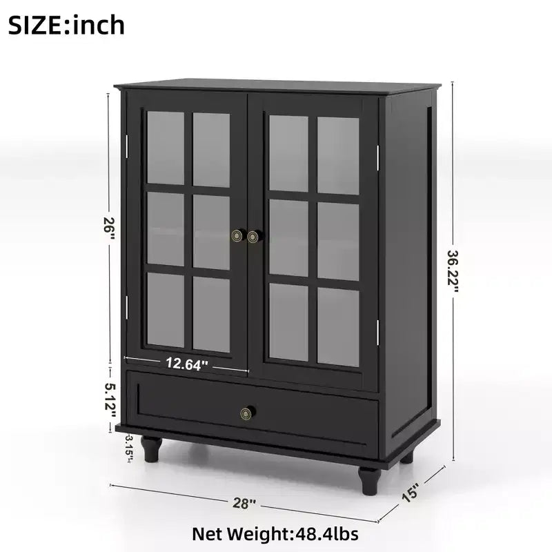 Mobile credenza Okak minimalista con 2 ante in vetro, mobile buffet con 1 cassetto e 2 ripiani, mobile contenitore per sala da pranzo, soggiorno