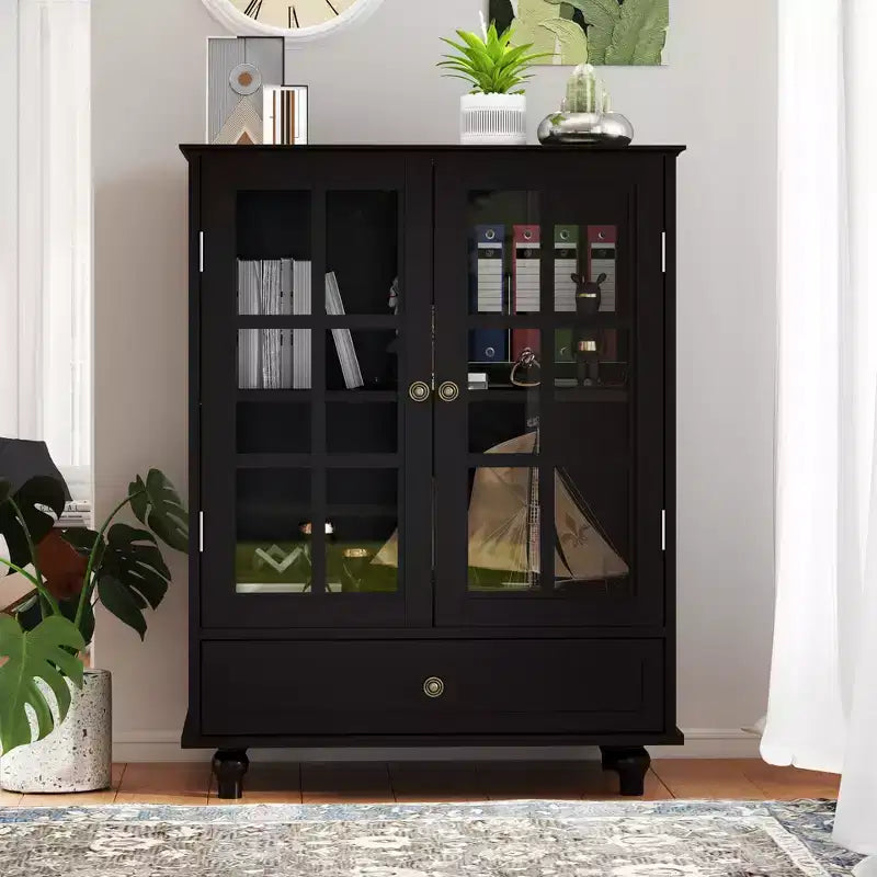 Mobile credenza Okak minimalista con 2 ante in vetro, mobile buffet con 1 cassetto e 2 ripiani, mobile contenitore per sala da pranzo, soggiorno
