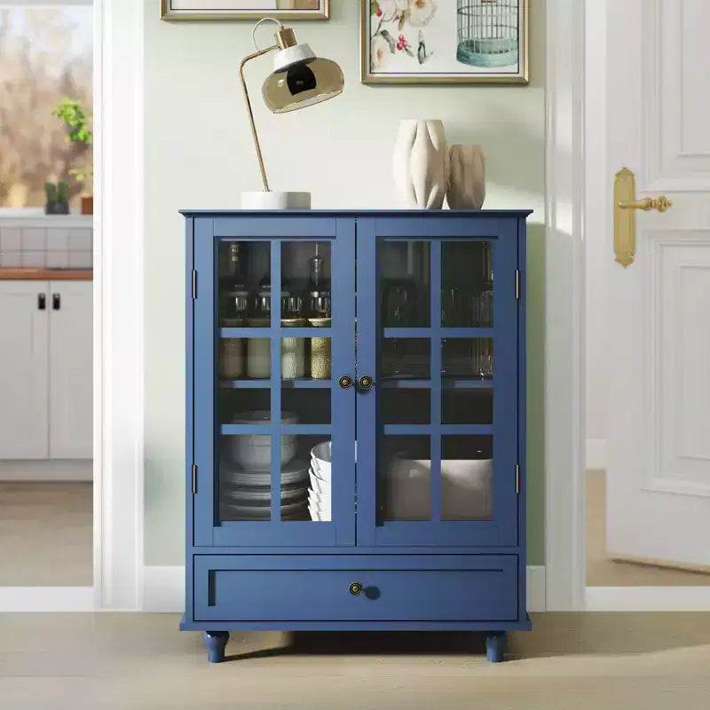 Meuble bas minimaliste Okak avec 2 portes vitrées, buffet avec 1 tiroir et 2 étagères, meuble de rangement pour salle à manger, salon