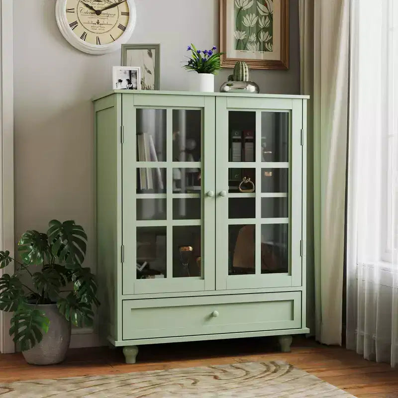 Meuble bas minimaliste Okak avec 2 portes vitrées, buffet avec 1 tiroir et 2 étagères, meuble de rangement pour salle à manger, salon