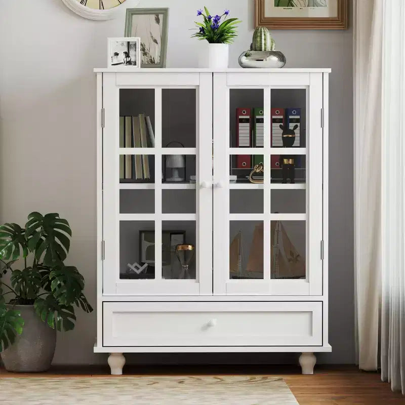 Okak Minimalist Sideboard Cabinet with 2 Glass Doors, Buffet Cabinet with 1 Drawer and 2 Shelves, Storage Cabinet for Dining Room, Living Room