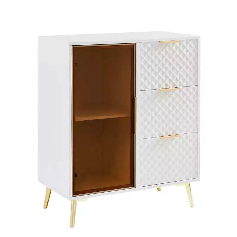 Mobile contenitore Okak Modern Carved con anta in vetro temperato, mobile laterale con piedini in metallo regolabili, mobile credenza per soggiorno
