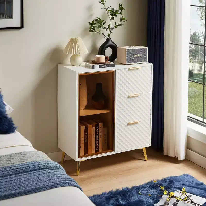 Meuble de rangement moderne Okak sculpté avec porte en verre trempé, buffet avec pieds métalliques réglables, buffet pour le salon
