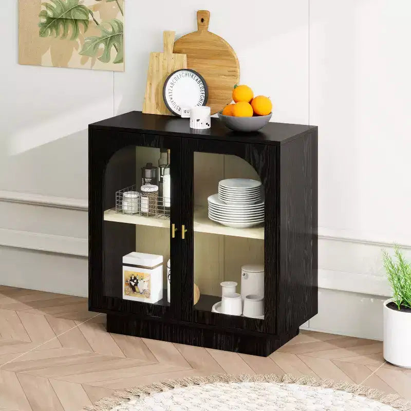 Mobile Contenitore Moderno Okak con 2 Ante in Acrilico, Credenza con Maniglie in Metallo e 2 Ripiani, Mobile Buffet per Cucina, Sala da Pranzo