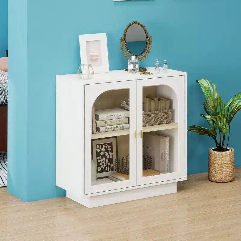 Mobile Contenitore Moderno Okak con 2 Ante in Acrilico, Credenza con Maniglie in Metallo e 2 Ripiani, Mobile Buffet per Cucina, Sala da Pranzo