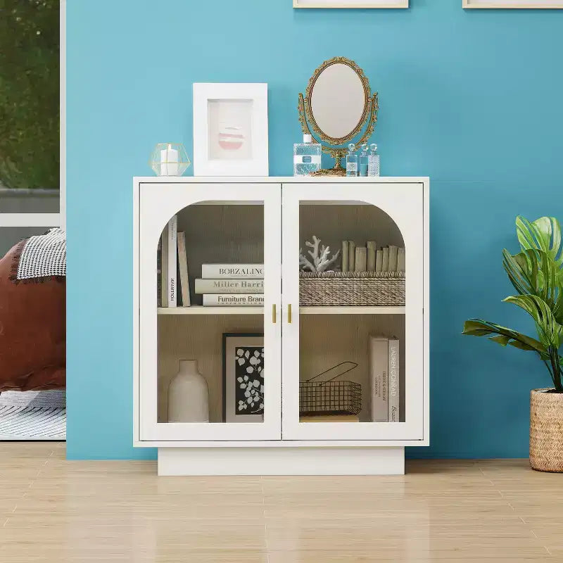 Meuble de Rangement Moderne Okak avec 2 Portes en Acrylique, Bahut avec Poignées Métalliques et 2 Étagères, Buffet pour Cuisine, Salle à Manger