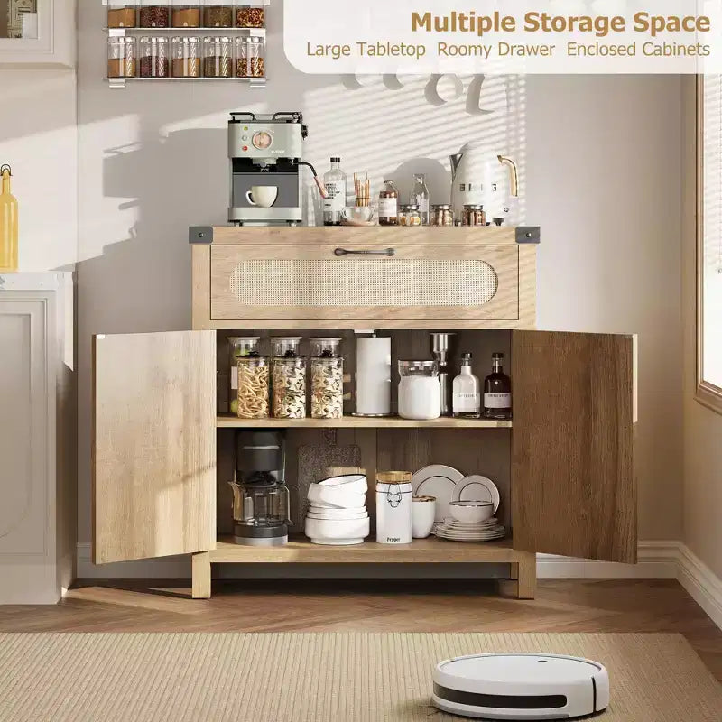 COZONY Mobile credenza in rattan con cassetto, Armadietto contenitore in stile rustico bohémien con angolo caffè per sala da pranzo, soggiorno, corridoio, naturale