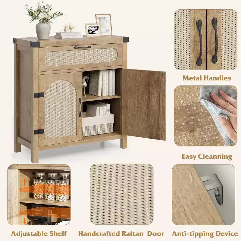 COZONY Mobile credenza in rattan con cassetto, Armadietto contenitore in stile rustico bohémien con angolo caffè per sala da pranzo, soggiorno, corridoio, naturale