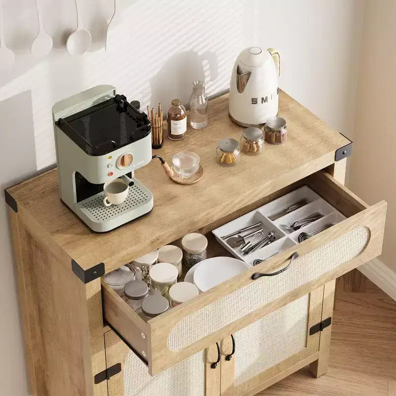COZONY Mobile credenza in rattan con cassetto, Armadietto contenitore in stile rustico bohémien con angolo caffè per sala da pranzo, soggiorno, corridoio, naturale