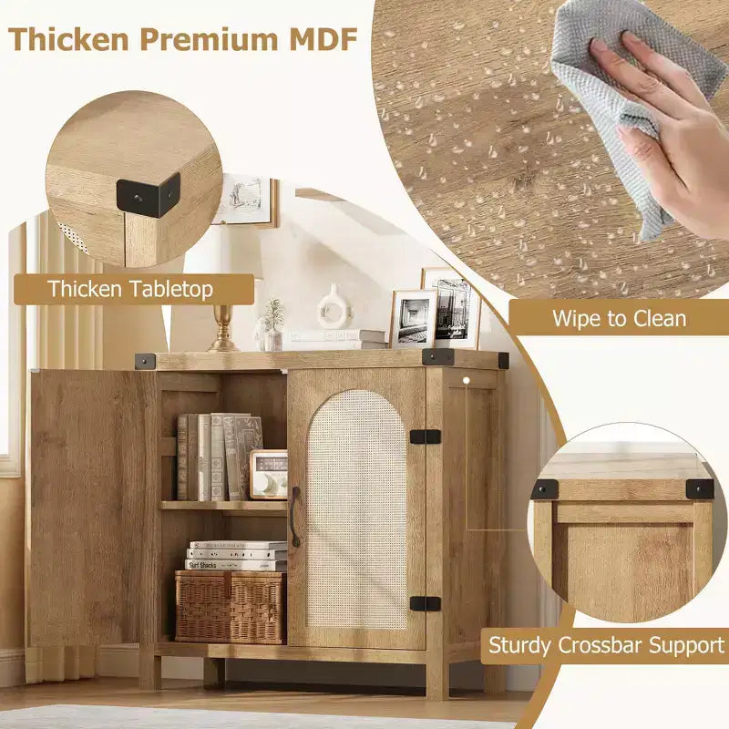 COZONY Mobile credenza in rattan con cassetto, Armadietto contenitore in stile rustico bohémien con angolo caffè per sala da pranzo, soggiorno, corridoio, naturale