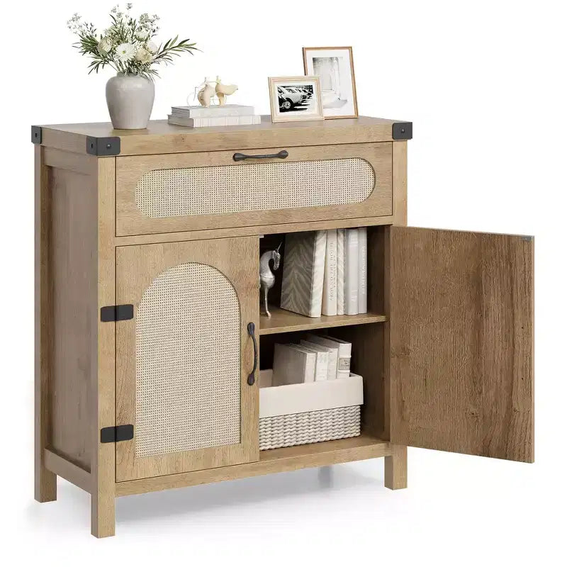 COZONY Mobile credenza in rattan con cassetto, Armadietto contenitore in stile rustico bohémien con angolo caffè per sala da pranzo, soggiorno, corridoio, naturale