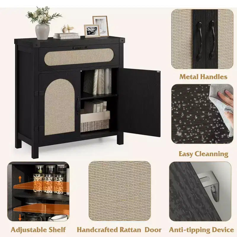 COZONY Mobile credenza in rattan con cassetto, Armadietto contenitore in stile rustico bohémien con angolo caffè per sala da pranzo, soggiorno, corridoio, naturale