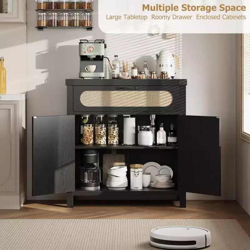 COZONY Mobile credenza in rattan con cassetto, Armadietto contenitore in stile rustico bohémien con angolo caffè per sala da pranzo, soggiorno, corridoio, naturale