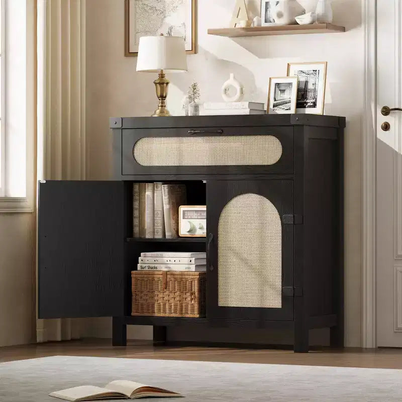 COZONY Mobile credenza in rattan con cassetto, Armadietto contenitore in stile rustico bohémien con angolo caffè per sala da pranzo, soggiorno, corridoio, naturale