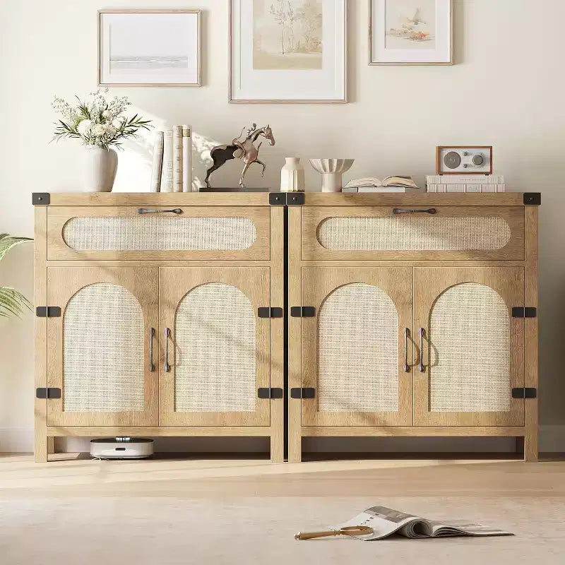 COZONY Mobile credenza in rattan con cassetto, Armadietto contenitore in stile rustico bohémien con angolo caffè per sala da pranzo, soggiorno, corridoio, naturale