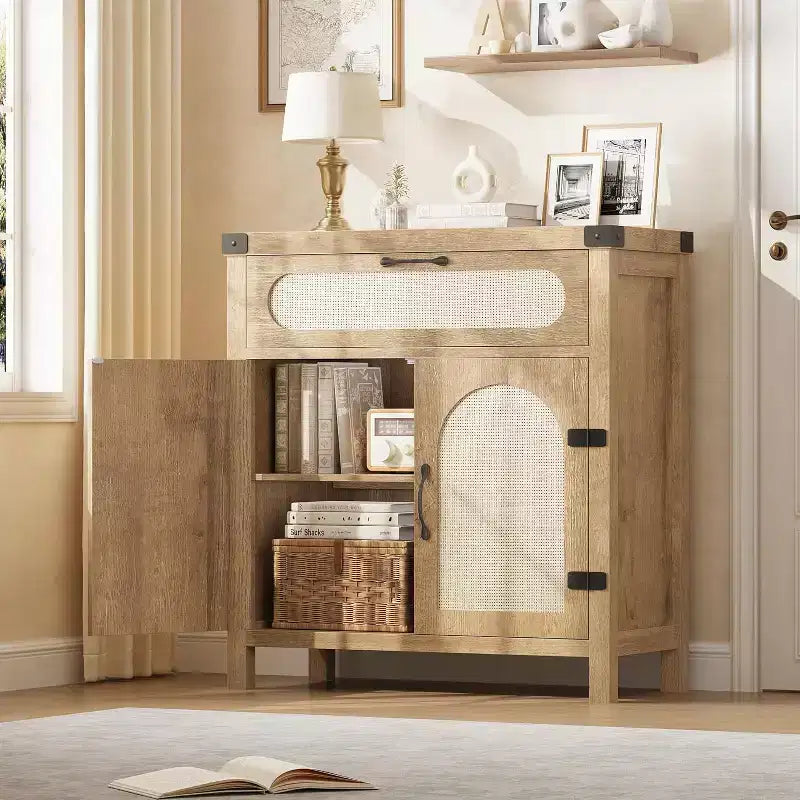 COZONY Mobile credenza in rattan con cassetto, Armadietto contenitore in stile rustico bohémien con angolo caffè per sala da pranzo, soggiorno, corridoio, naturale