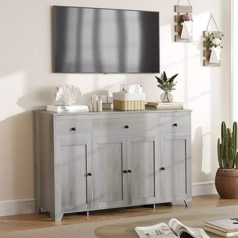 Credenza a buffet da 140 cm con mobile contenitore, mobile contenitore da cucina minimalista con ripiano regolabile, 3 cassetti e 4 ante per sala da pranzo e soggiorno - Bianco