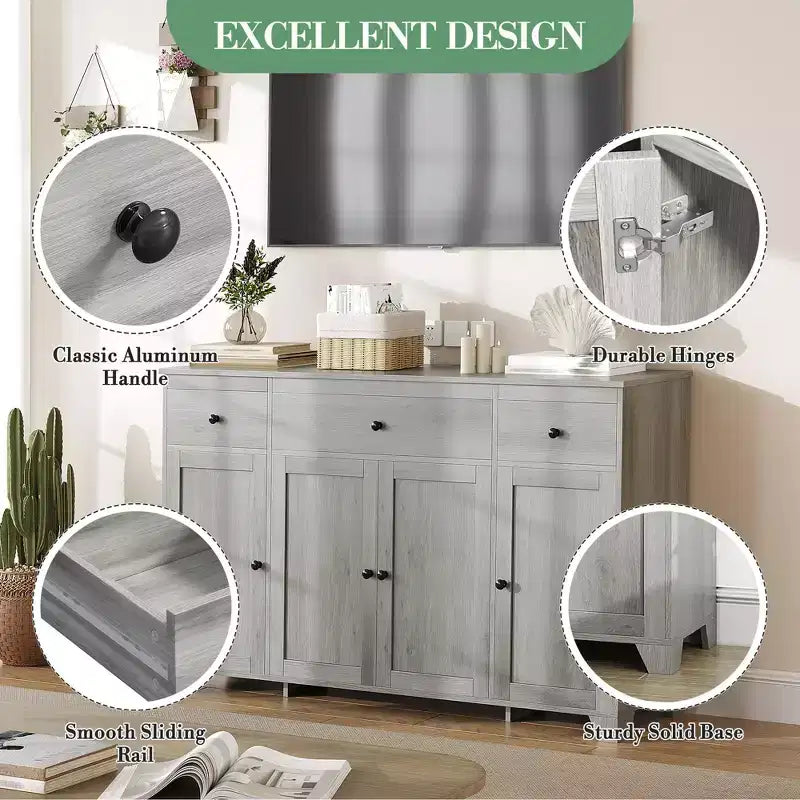 Credenza a buffet da 140 cm con mobile contenitore, mobile contenitore da cucina minimalista con ripiano regolabile, 3 cassetti e 4 ante per sala da pranzo e soggiorno - Bianco