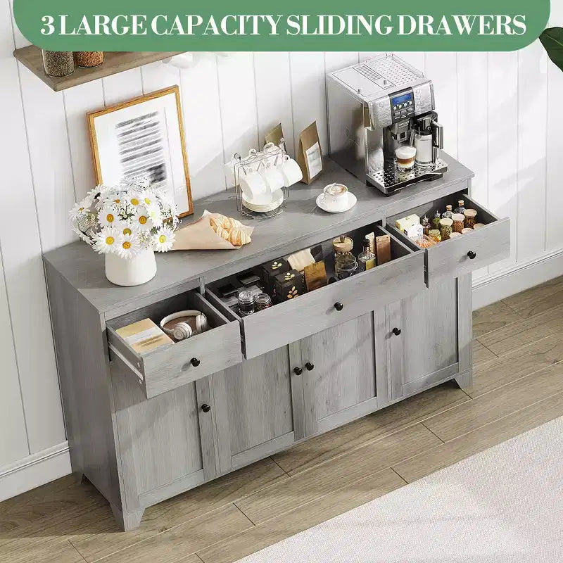Credenza a buffet da 140 cm con mobile contenitore, mobile contenitore da cucina minimalista con ripiano regolabile, 3 cassetti e 4 ante per sala da pranzo e soggiorno - Bianco