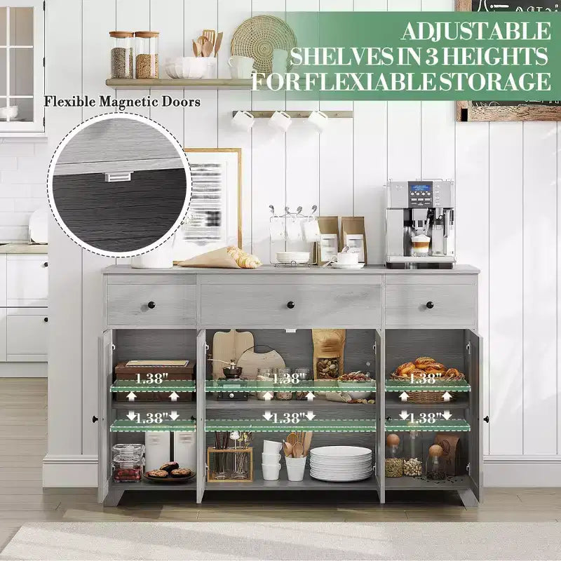 Credenza a buffet da 140 cm con mobile contenitore, mobile contenitore da cucina minimalista con ripiano regolabile, 3 cassetti e 4 ante per sala da pranzo e soggiorno - Bianco