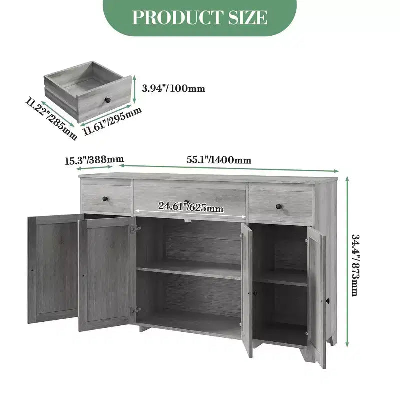 Credenza a buffet da 140 cm con mobile contenitore, mobile contenitore da cucina minimalista con ripiano regolabile, 3 cassetti e 4 ante per sala da pranzo e soggiorno - Bianco