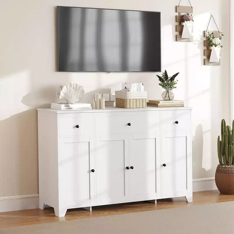 Credenza a buffet da 140 cm con mobile contenitore, mobile contenitore da cucina minimalista con ripiano regolabile, 3 cassetti e 4 ante per sala da pranzo e soggiorno - Bianco