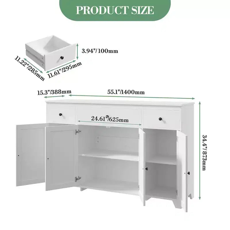 Credenza a buffet da 140 cm con mobile contenitore, mobile contenitore da cucina minimalista con ripiano regolabile, 3 cassetti e 4 ante per sala da pranzo e soggiorno - Bianco