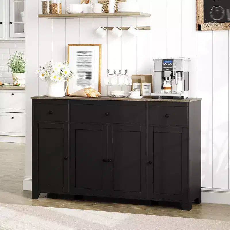Credenza a buffet da 140 cm con mobile contenitore, mobile contenitore da cucina minimalista con ripiano regolabile, 3 cassetti e 4 ante per sala da pranzo e soggiorno - Bianco