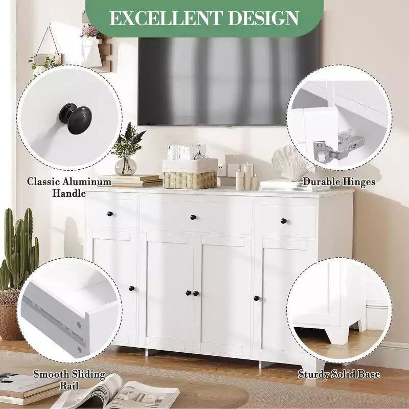 Credenza a buffet da 140 cm con mobile contenitore, mobile contenitore da cucina minimalista con ripiano regolabile, 3 cassetti e 4 ante per sala da pranzo e soggiorno - Bianco