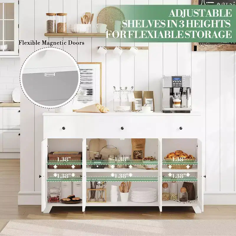 Credenza a buffet da 140 cm con mobile contenitore, mobile contenitore da cucina minimalista con ripiano regolabile, 3 cassetti e 4 ante per sala da pranzo e soggiorno - Bianco