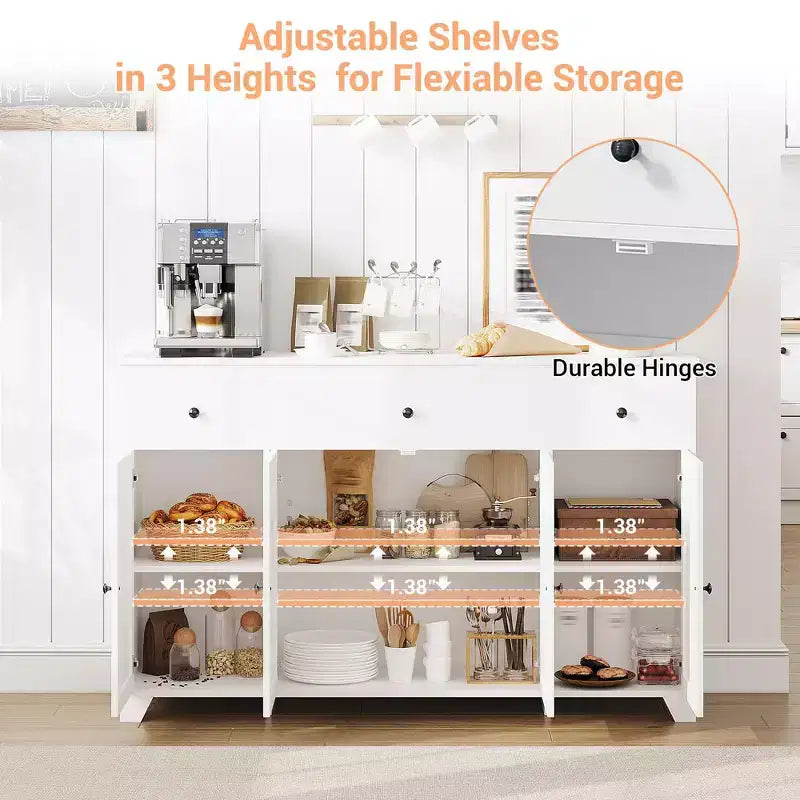 Credenza a buffet da 140 cm con mobile contenitore, mobile contenitore da cucina minimalista con ripiano regolabile, 3 cassetti e 4 ante per sala da pranzo e soggiorno - Bianco