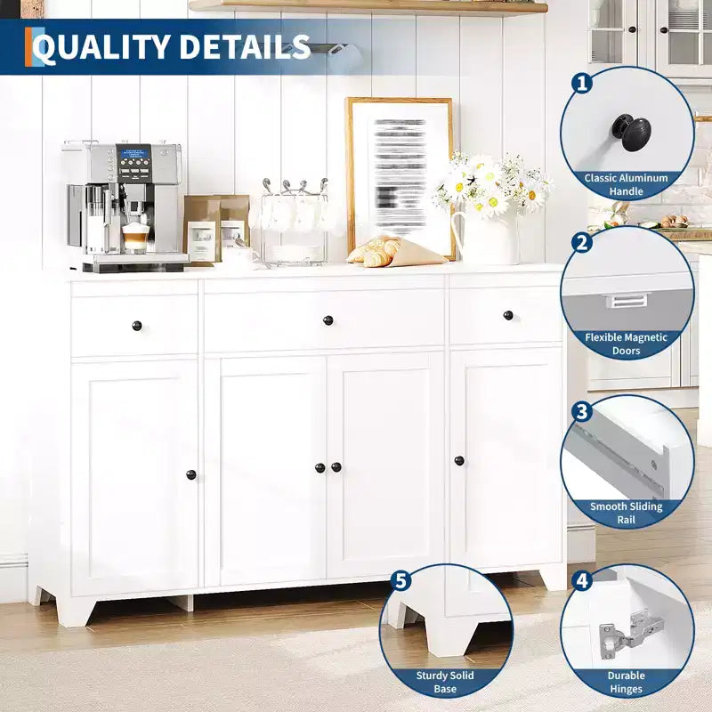 Credenza a buffet da 140 cm con mobile contenitore, mobile contenitore da cucina minimalista con ripiano regolabile, 3 cassetti e 4 ante per sala da pranzo e soggiorno - Bianco