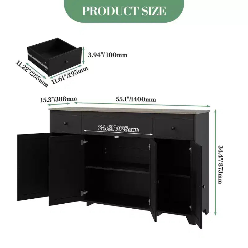 Credenza a buffet da 140 cm con mobile contenitore, mobile contenitore da cucina minimalista con ripiano regolabile, 3 cassetti e 4 ante per sala da pranzo e soggiorno - Bianco