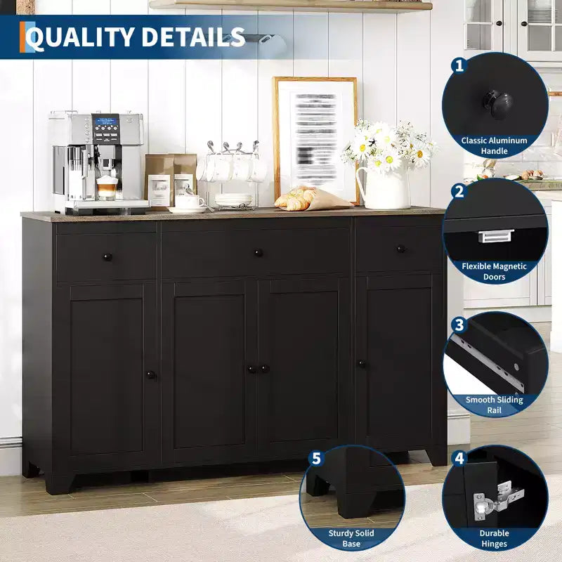 Credenza a buffet da 140 cm con mobile contenitore, mobile contenitore da cucina minimalista con ripiano regolabile, 3 cassetti e 4 ante per sala da pranzo e soggiorno - Bianco