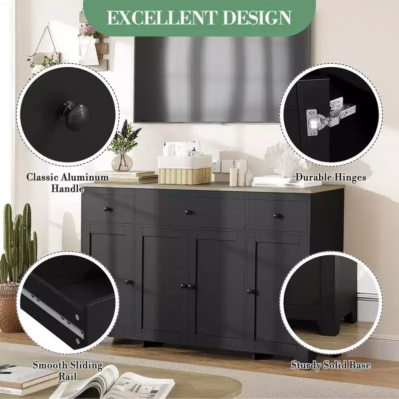 Credenza a buffet da 140 cm con mobile contenitore, mobile contenitore da cucina minimalista con ripiano regolabile, 3 cassetti e 4 ante per sala da pranzo e soggiorno - Bianco