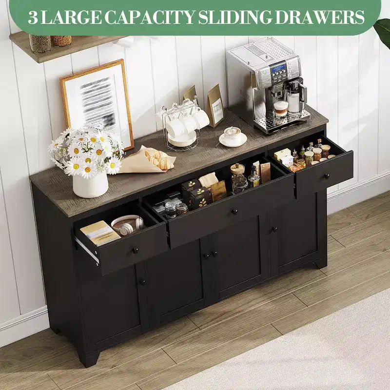 Credenza a buffet da 140 cm con mobile contenitore, mobile contenitore da cucina minimalista con ripiano regolabile, 3 cassetti e 4 ante per sala da pranzo e soggiorno - Bianco