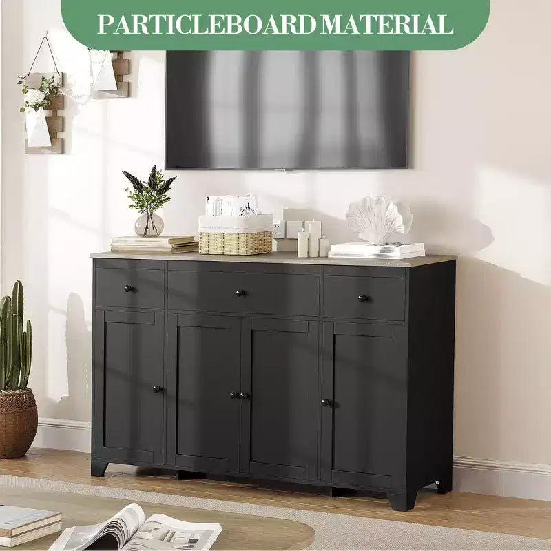 Credenza a buffet da 140 cm con mobile contenitore, mobile contenitore da cucina minimalista con ripiano regolabile, 3 cassetti e 4 ante per sala da pranzo e soggiorno - Bianco