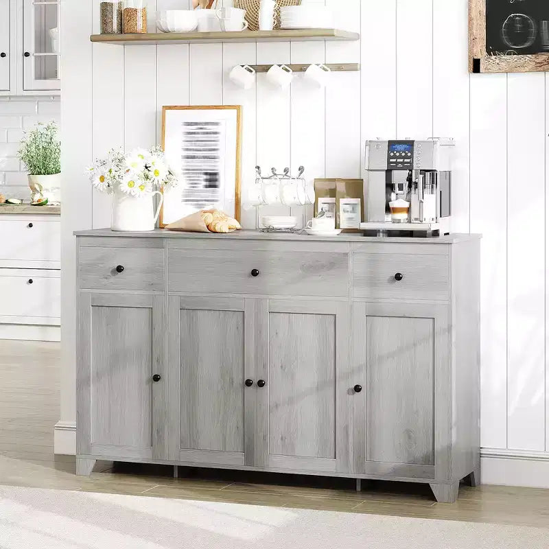 Credenza a buffet da 140 cm con mobile contenitore, mobile contenitore da cucina minimalista con ripiano regolabile, 3 cassetti e 4 ante per sala da pranzo e soggiorno - Bianco