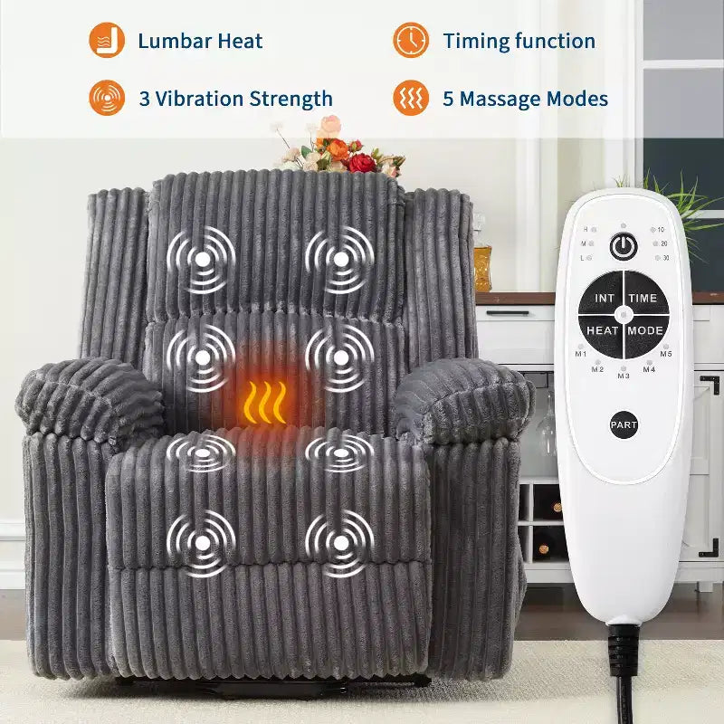 Poltrona Reclinabile con Sollevamento Elettrico, Calore e Massaggio, Recliner Elettrico con Sedile Imbottito e 2 Tasche Laterali, Poltrona Singola per Soggiorno
