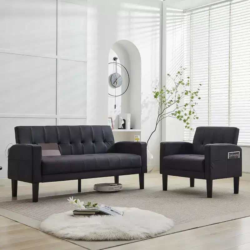 TYBOATLE Divano a 2 posti, divano moderno rivestito in lino, set da 2 pezzi (divanetto e poltrona) con seduta profonda per soggiorno, nero