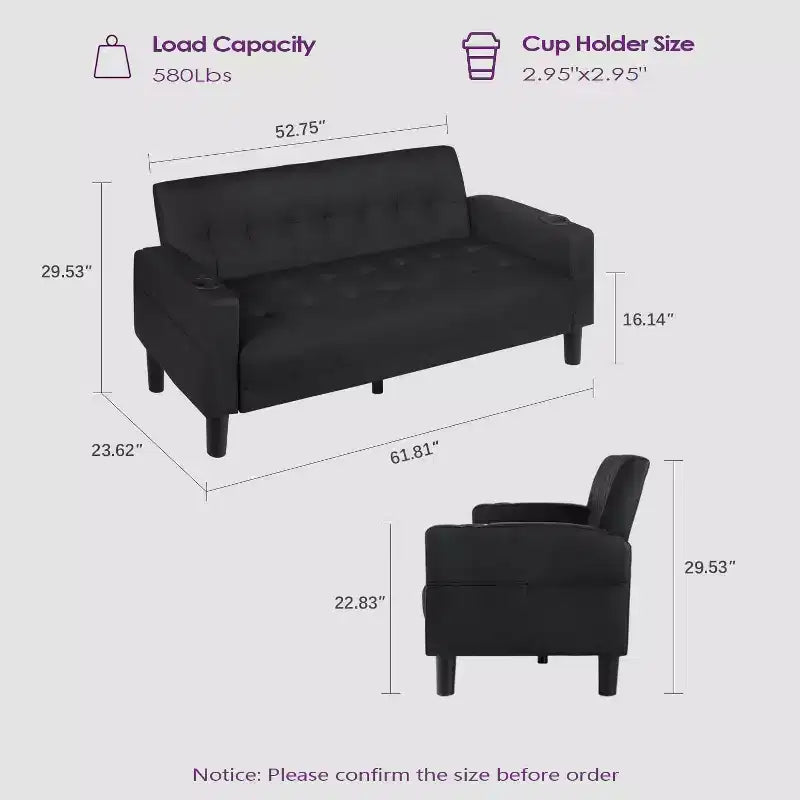 TYBOATLE Divano a 2 posti, divano moderno rivestito in lino, set da 2 pezzi (divanetto e poltrona) con seduta profonda per soggiorno, nero