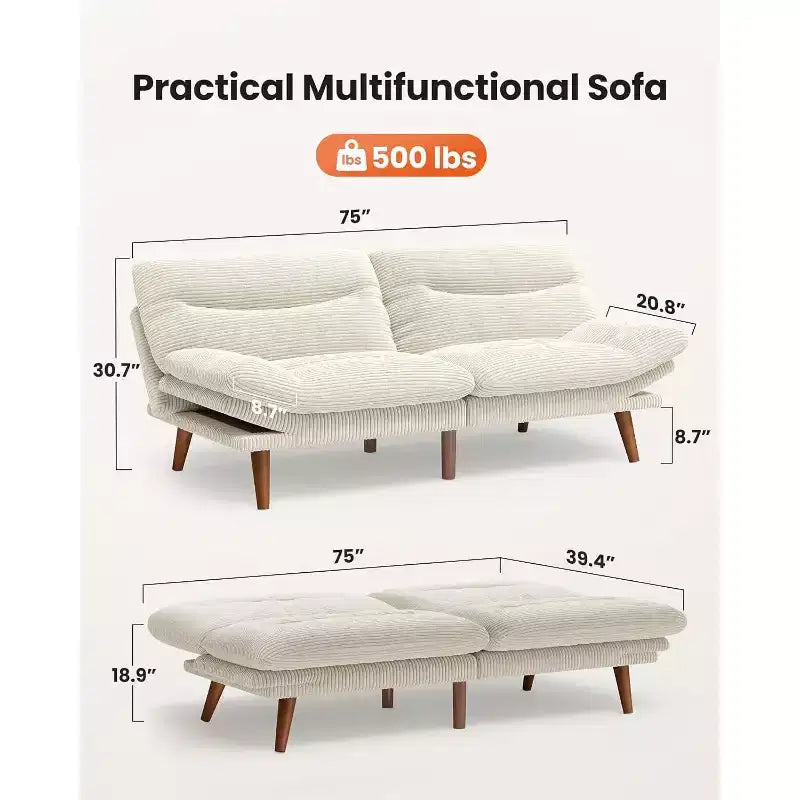 Divano letto futon, divano futon con schienale regolabile e braccioli bianco