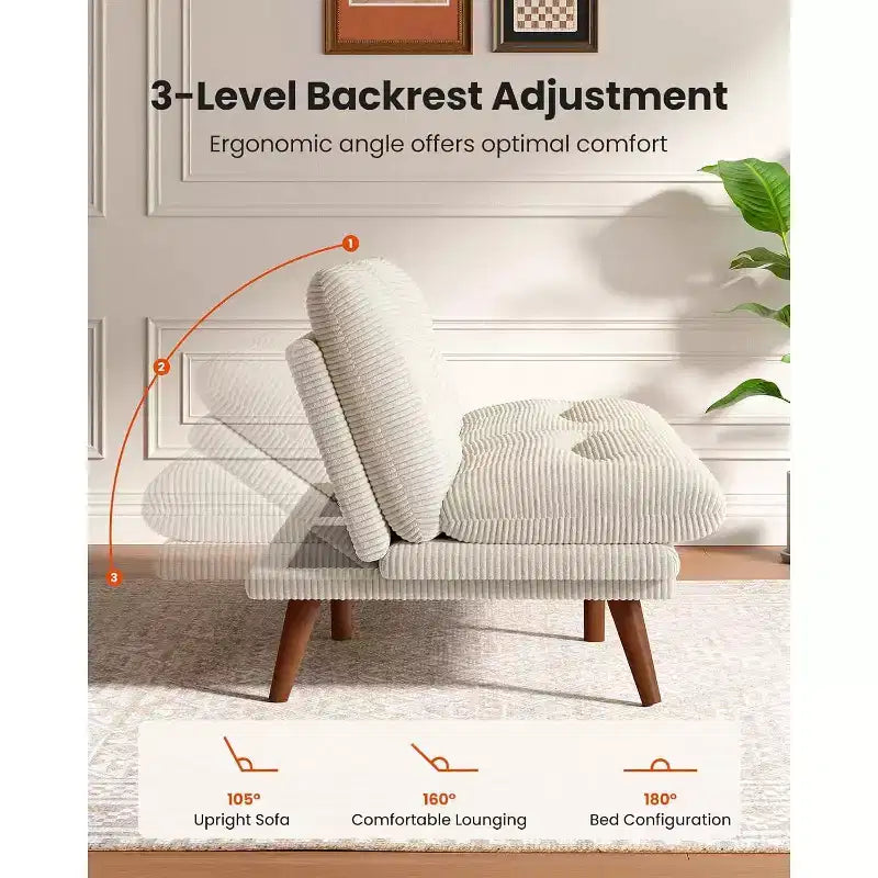 Divano letto futon, divano futon con schienale regolabile e braccioli bianco