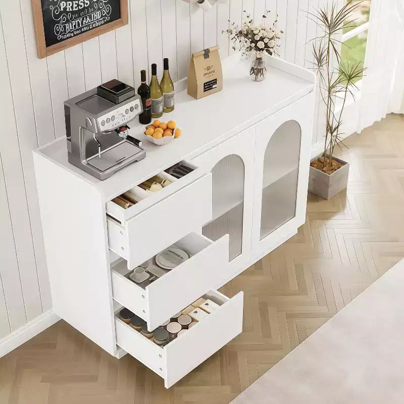 GustoWave Mobile credenza buffet 48W con LED, Tavolo buffet da cucina con 3 cassetti, Mobile bar per caffè, Bianco elegante