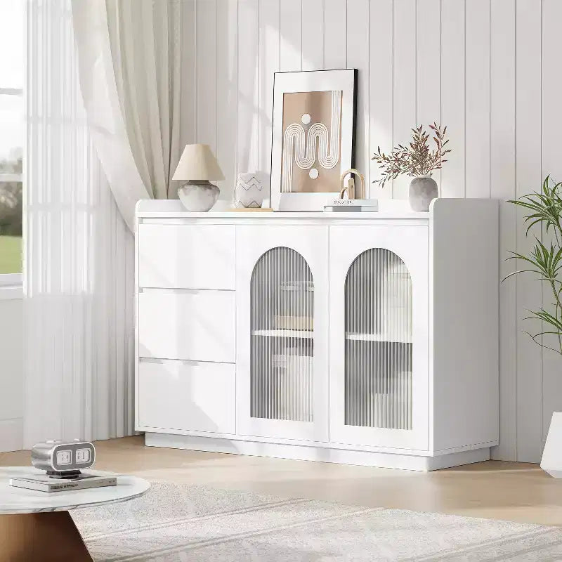 GustoWave Mobile credenza buffet 48W con LED, Tavolo buffet da cucina con 3 cassetti, Mobile bar per caffè, Bianco elegante