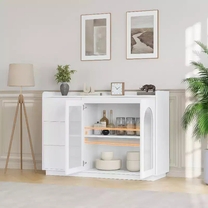 GustoWave Mobile credenza buffet 48W con LED, Tavolo buffet da cucina con 3 cassetti, Mobile bar per caffè, Bianco elegante