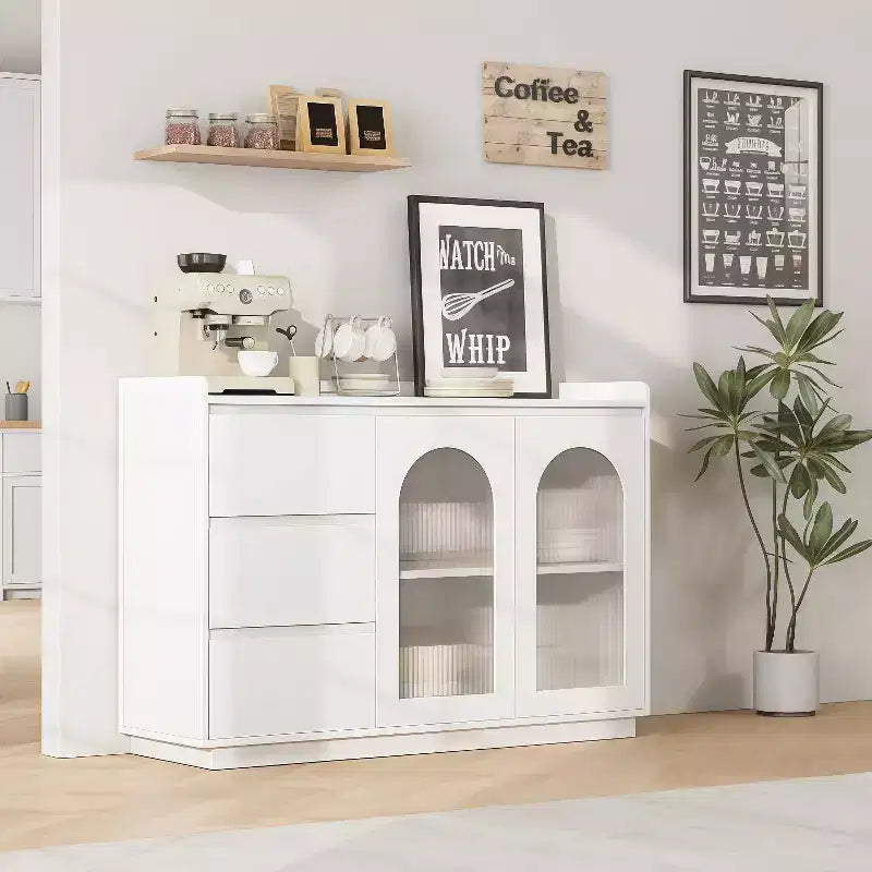GustoWave Mobile credenza buffet 48W con LED, Tavolo buffet da cucina con 3 cassetti, Mobile bar per caffè, Bianco elegante